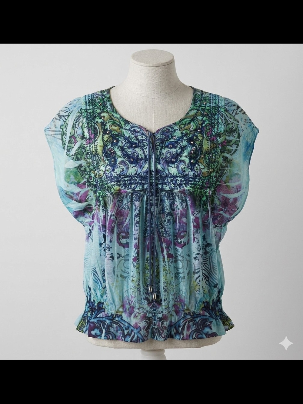 Energe PM, Boho, Medallion, Paisley, Sheer Mesh Back, Smocked Waist, Petite Larg